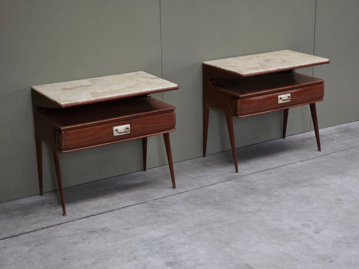 Pair Of Italian Nightstands In Mahogany And Onyx, Designer Piece, 1950s