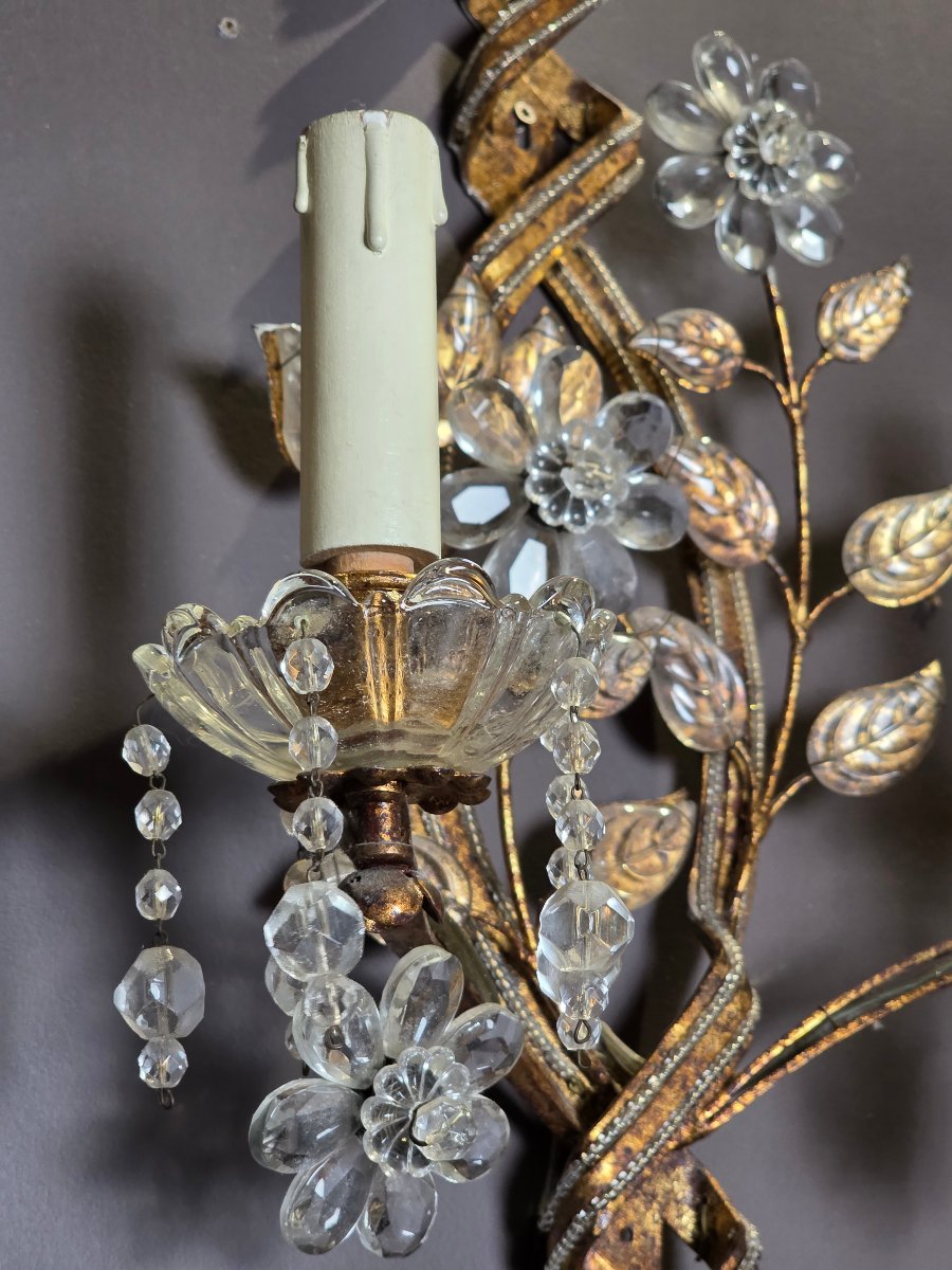 Paire d’appliques en métal doré et cristal, style Maison Baguès, vers 1950-60-photo-4
