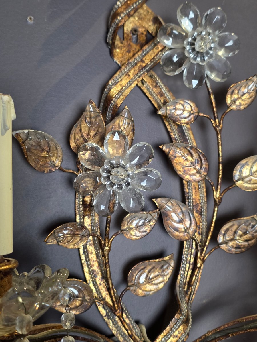 Paire d’appliques en métal doré et cristal, style Maison Baguès, vers 1950-60-photo-8