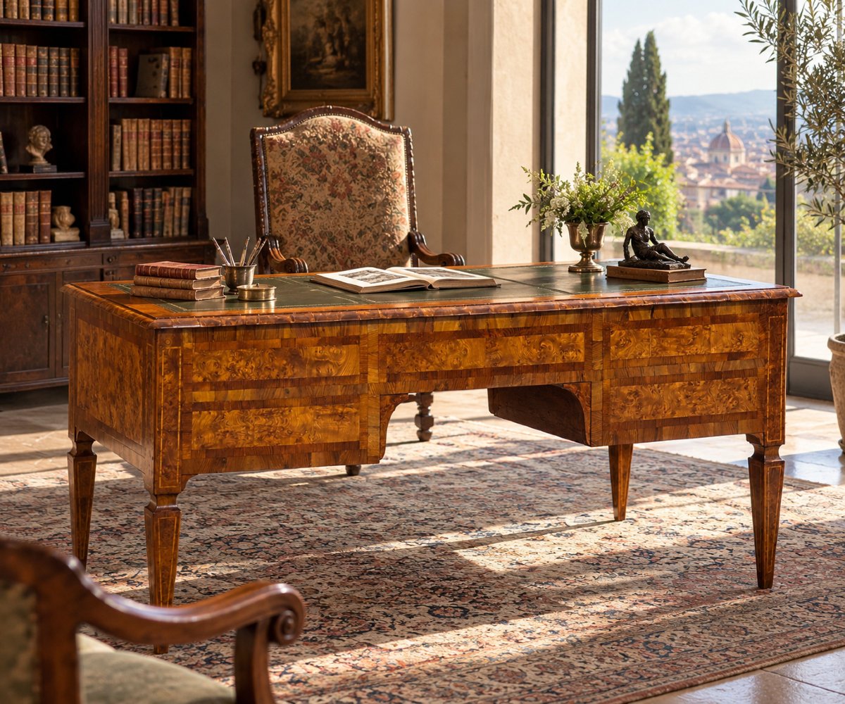 Large Neoclassical Center Desk Made Of Elm Burl, Emilia, Late 18th–early 19th Century-photo-4