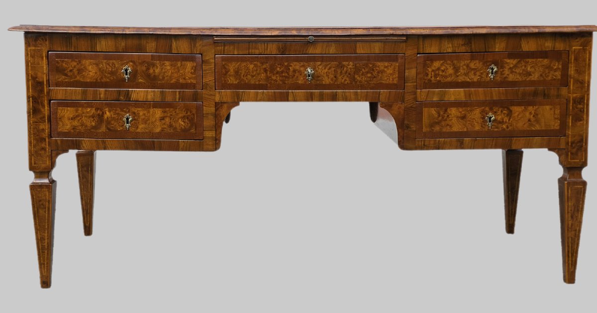 Large Neoclassical Center Desk Made Of Elm Burl, Emilia, Late 18th–early 19th Century