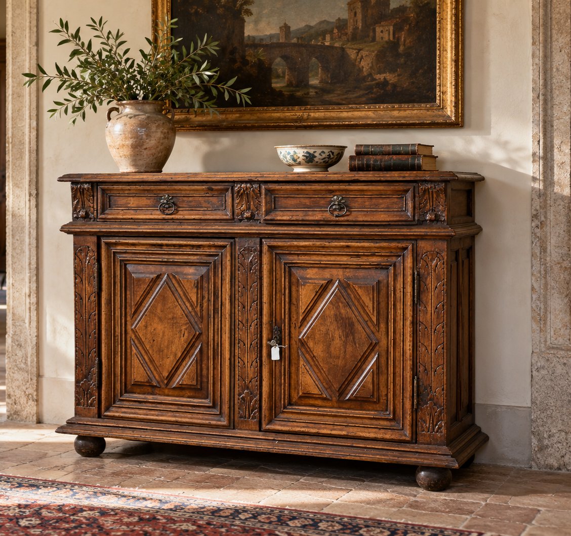 Sideboard Made Of Solid Walnut, Northern Italy, 17th Century-photo-1