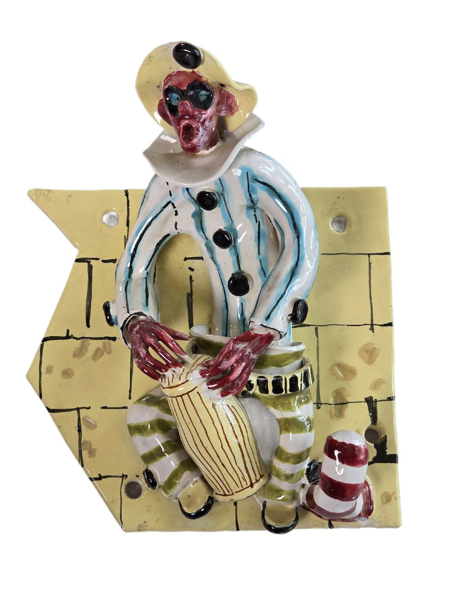 Cinq patères murales en céramique polychrome aux masques vénitiens – Italie, années 1950-photo-3