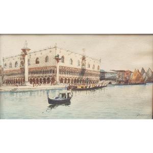 Vue Du Palais Des Doges – Aquarelle Signée Biondetti, Début Du XXe Siècle