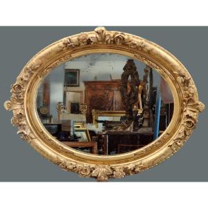 Piedmontese Oval Mirror In Carved And Gilded Wood, Louis XVI Period