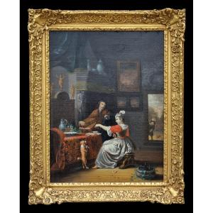 Intérieur Raffiné Avec Musicien, Dame Et Chien – école Hollandaise Du XVIIe Siècle