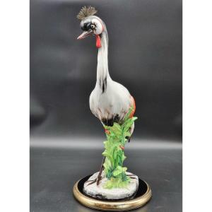 Large Glazed Ceramic Sculpture Depicting A Crowned Crane