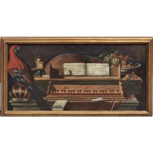 Paire de natures mortes avec instruments de musique, fruits et animaux exotiques – École lombar