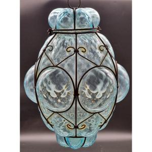Venetian Blown Glass  Lantern With Shaped Iron Frame, Early 20th Century