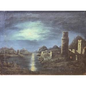 Romantic Moonlight Landscape With Ruins, Italian School, 19th Century