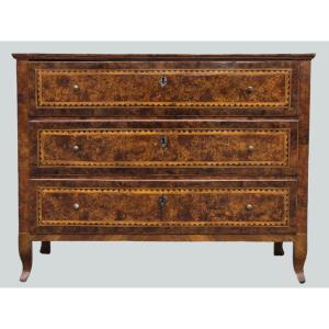 Commode vénitienne Louis XVI en placage de ronce de noyer et thuya, fin XVIIIe siècle