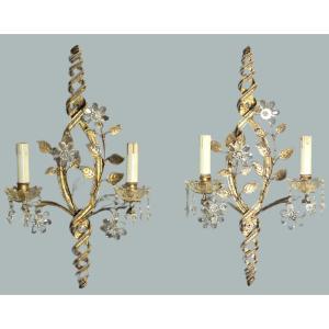 Pair Of Gold-plated Metal And Crystal Wall Sconces, Maison Baguès Style, Circa 1950–60