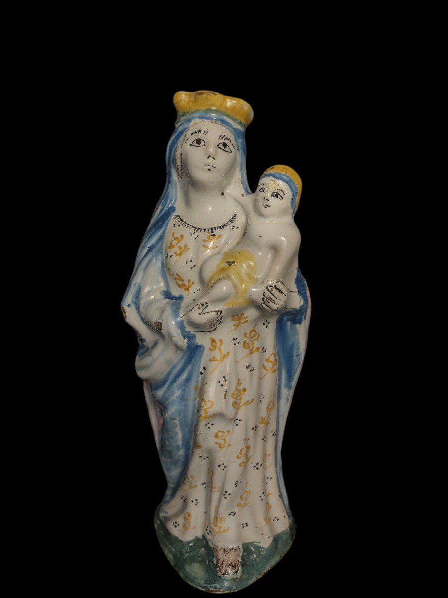 Vierge d'Accouché En Faience Polychrome XVIIIe Siècle-photo-2