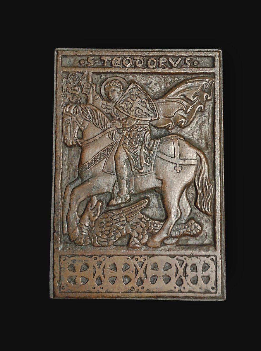 Plaque Vénitienne En Bronze Réprésentant Saint Theodore Terrassant Le Drgon-photo-2
