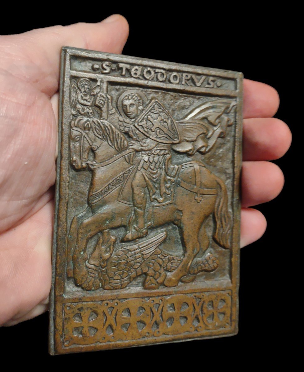 Plaque Vénitienne En Bronze Réprésentant Saint Theodore Terrassant Le Drgon-photo-3