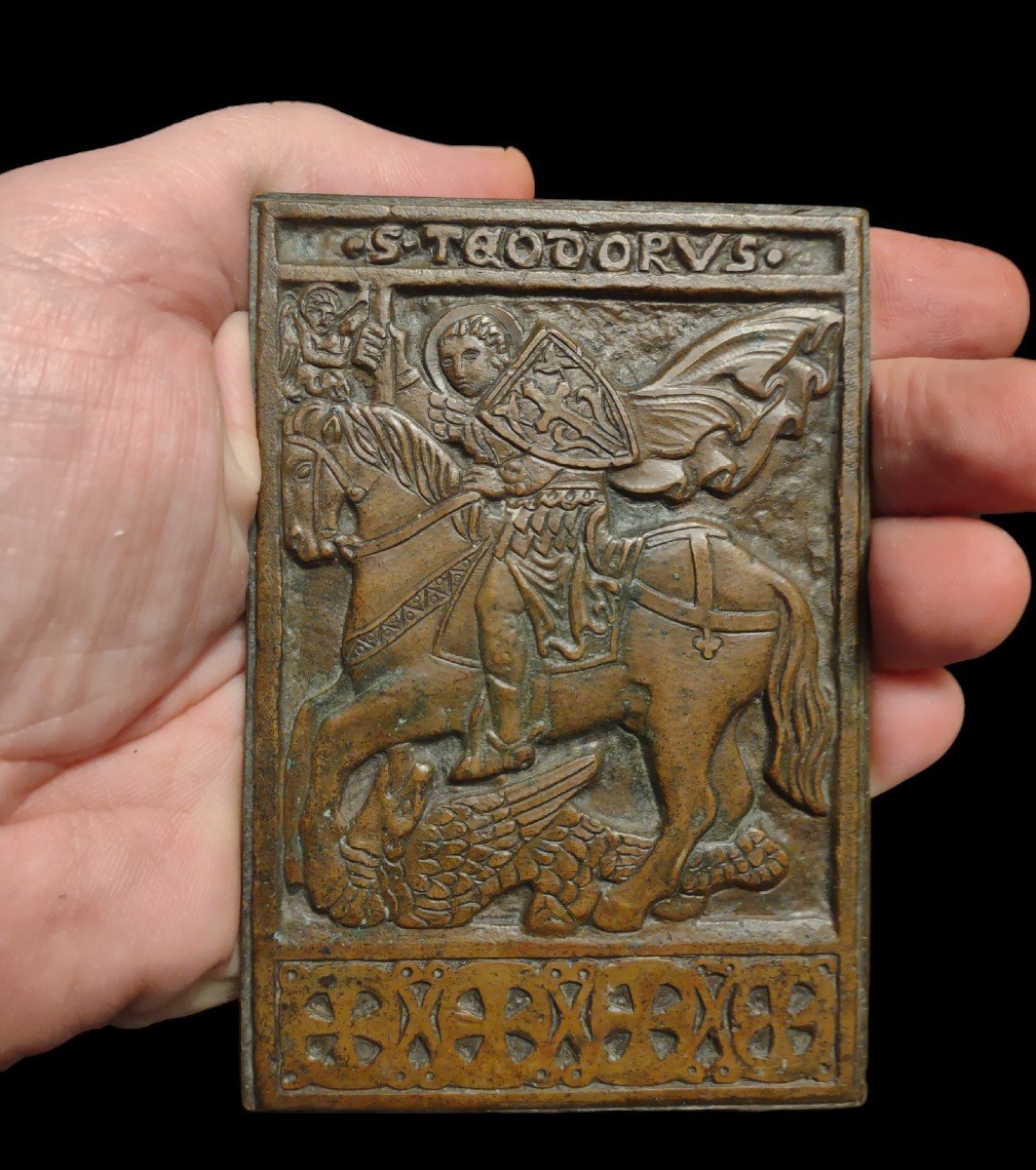 Plaque Vénitienne En Bronze Réprésentant Saint Theodore Terrassant Le Drgon-photo-4