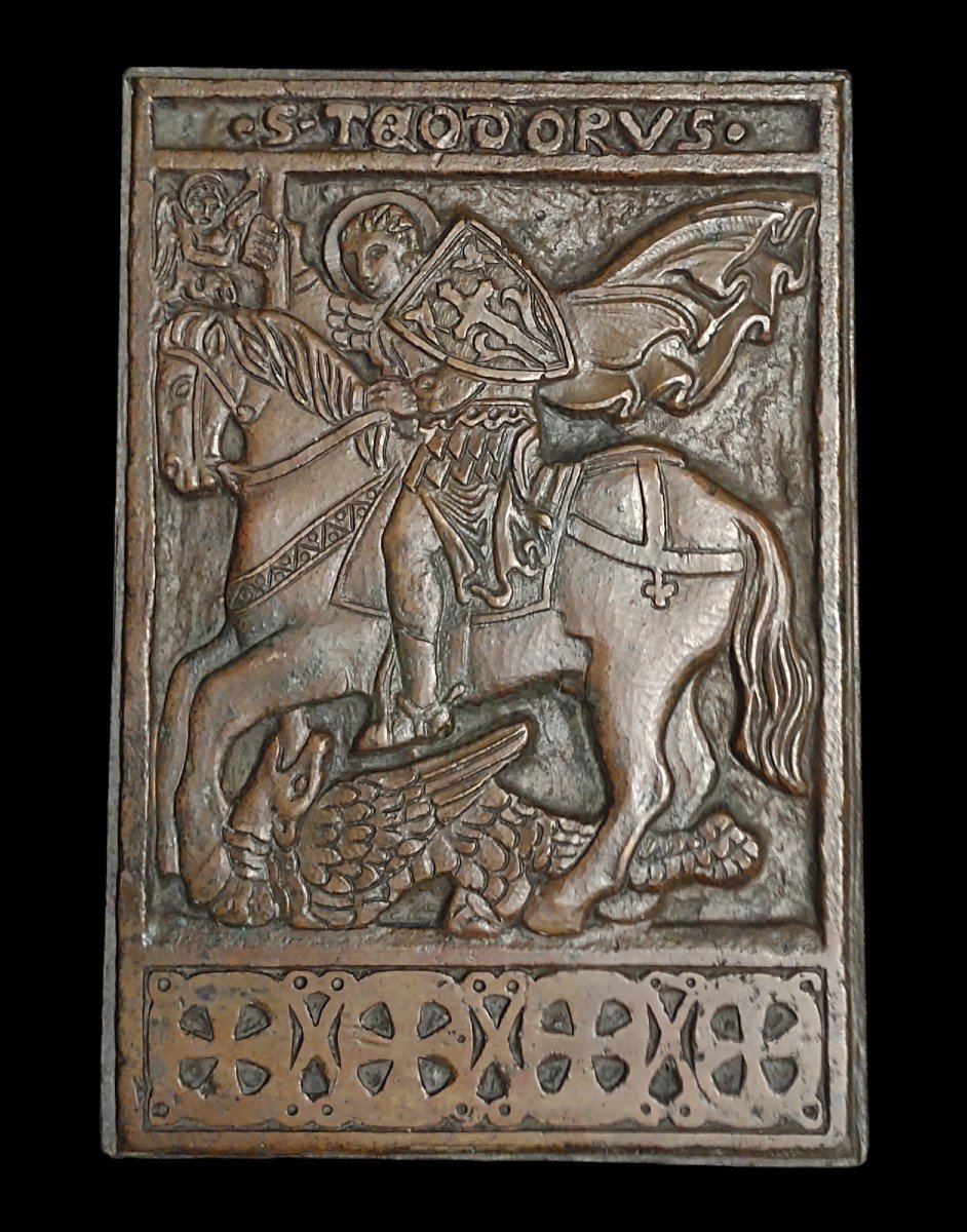 Plaque Vénitienne En Bronze Réprésentant Saint Theodore Terrassant Le Drgon