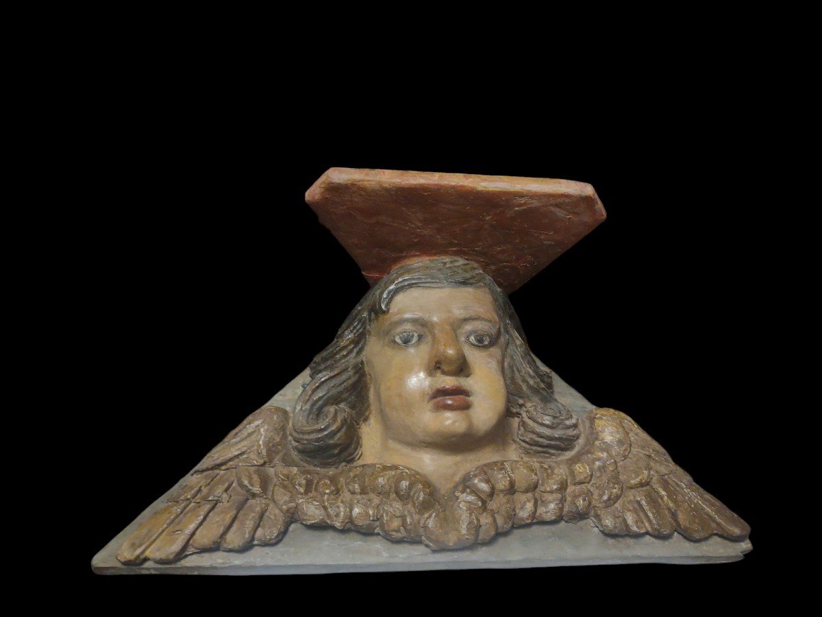 Wall Console In Polychrome Wood Carved With A Cherub's Head-photo-2