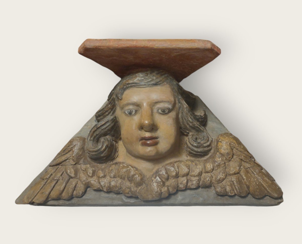 Wall Console In Polychrome Wood Carved With A Cherub's Head
