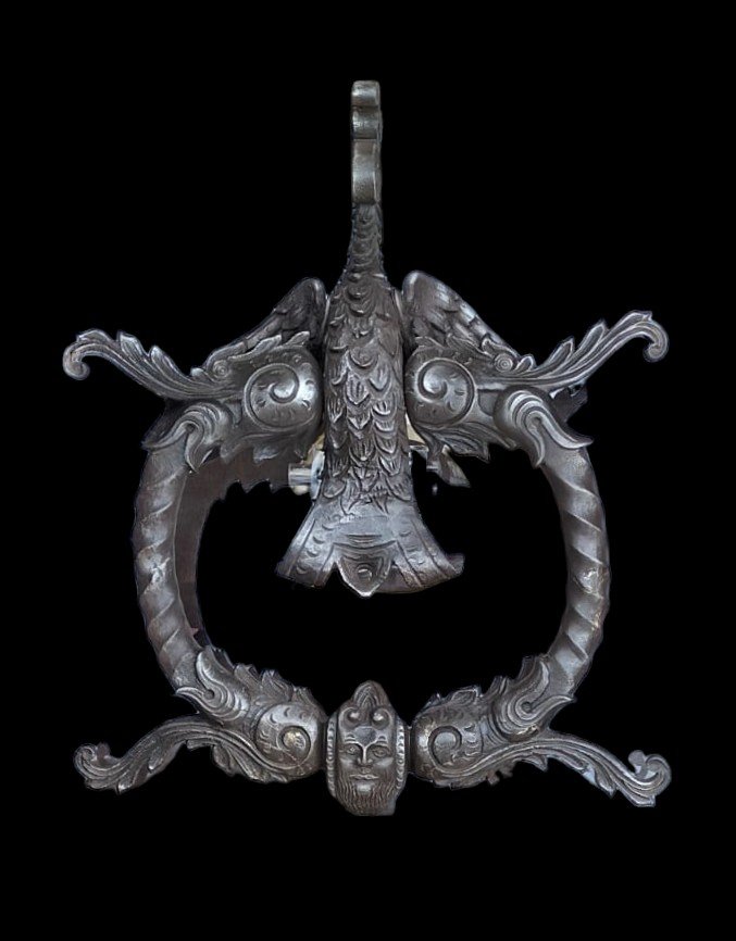 Huge Neo-gothic Door Knocker In Richly Sculpted Forged Iron