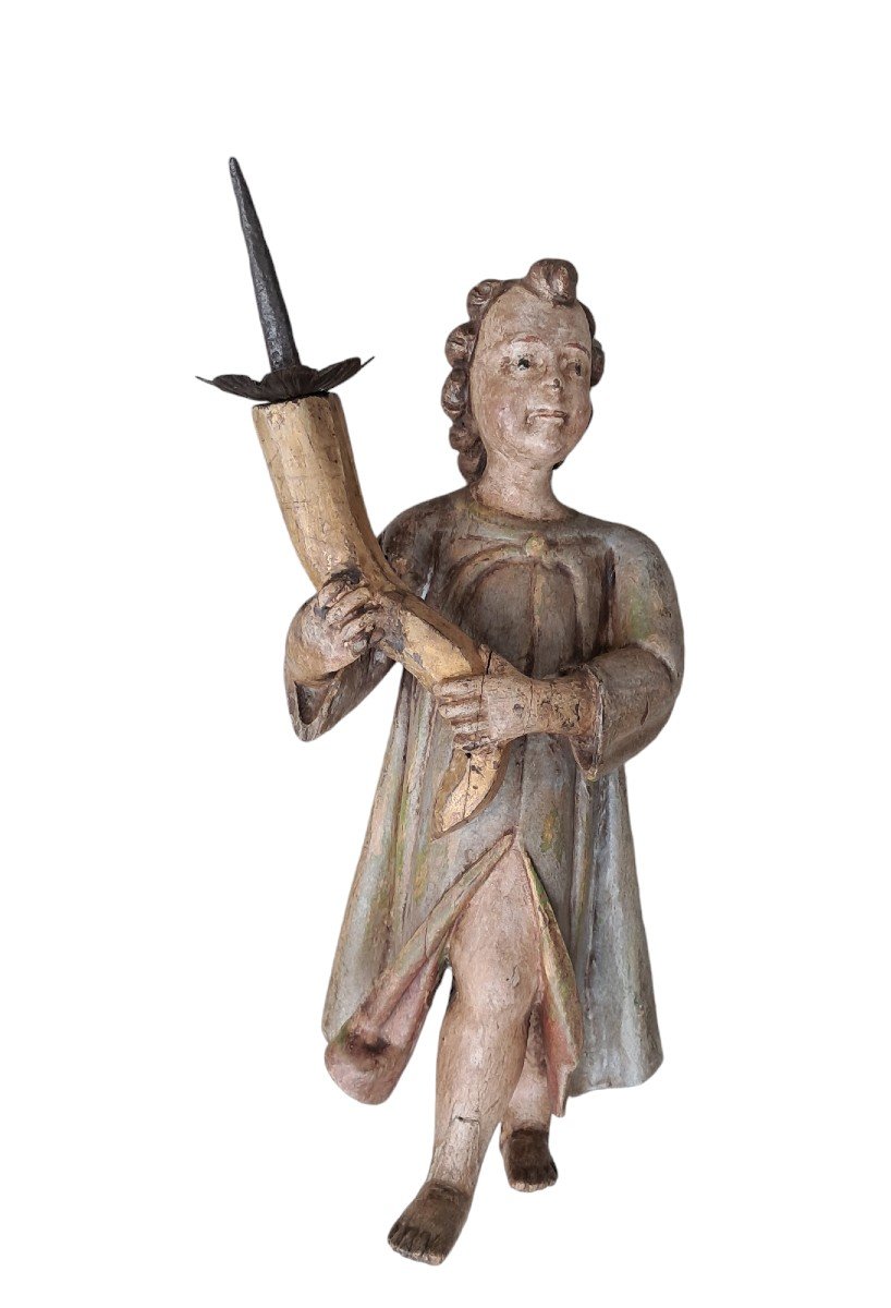 Paire d'Anges Bougeoirs En Bois Sculpté Et Peint-photo-4