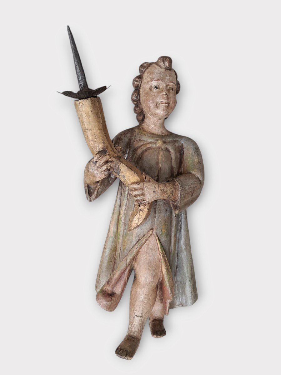 Paire d'Anges Bougeoirs En Bois Sculpté Et Peint-photo-5
