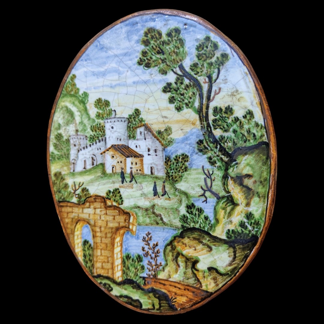 Two Castelli Earthenware Medallions Decorated With Animated Landscapes, 19th Century-photo-2