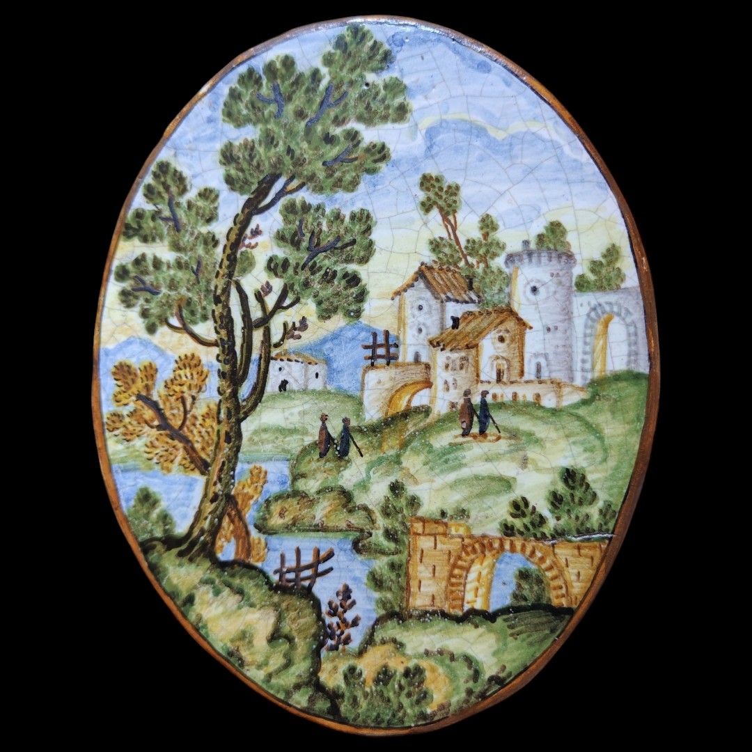 Two Castelli Earthenware Medallions Decorated With Animated Landscapes, 19th Century-photo-3