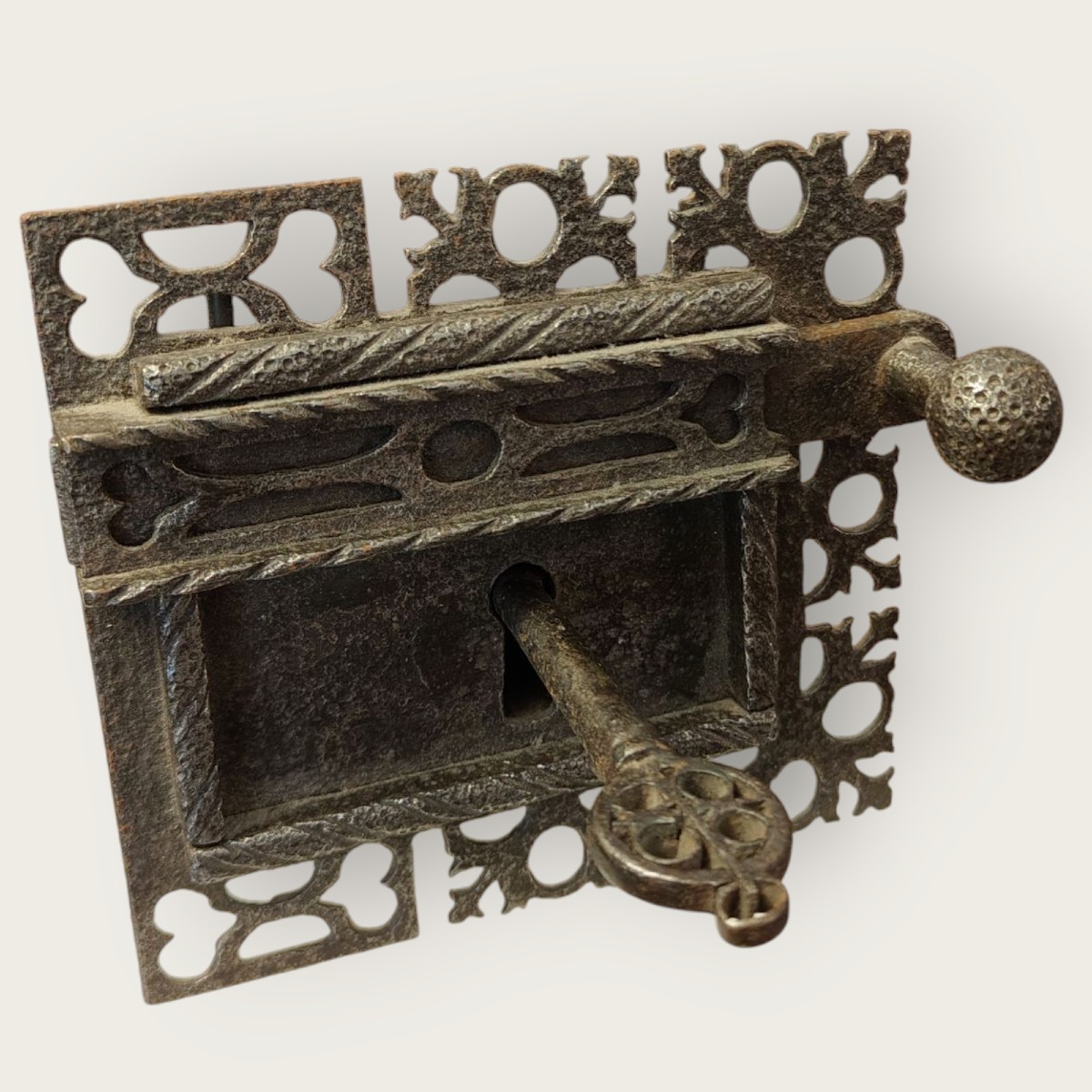 Chest Lock And Its So-called Venetian Key, Lock Plate Pierced With Hearts XVI Century
