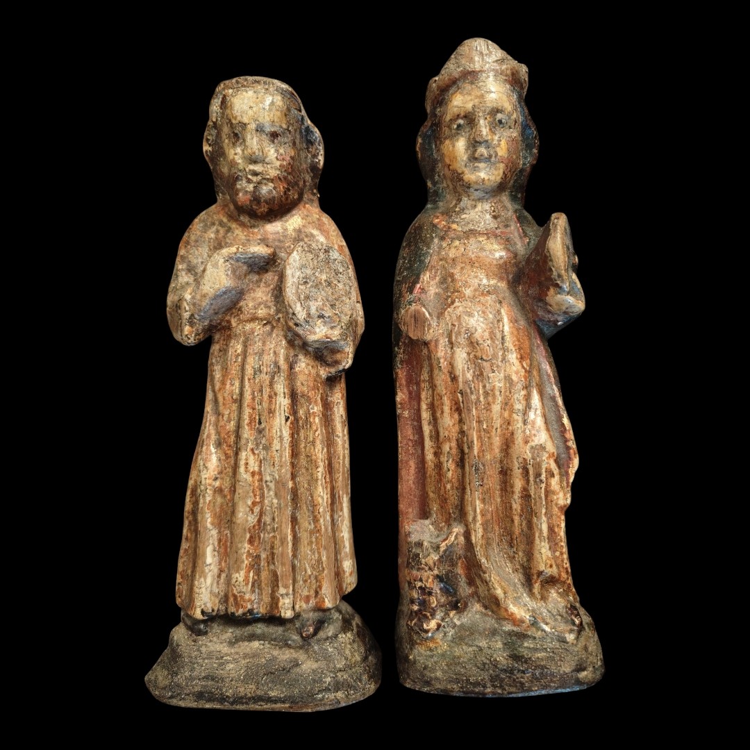 Piar Of Polychromed Small Statues Italy XV Century-photo-2