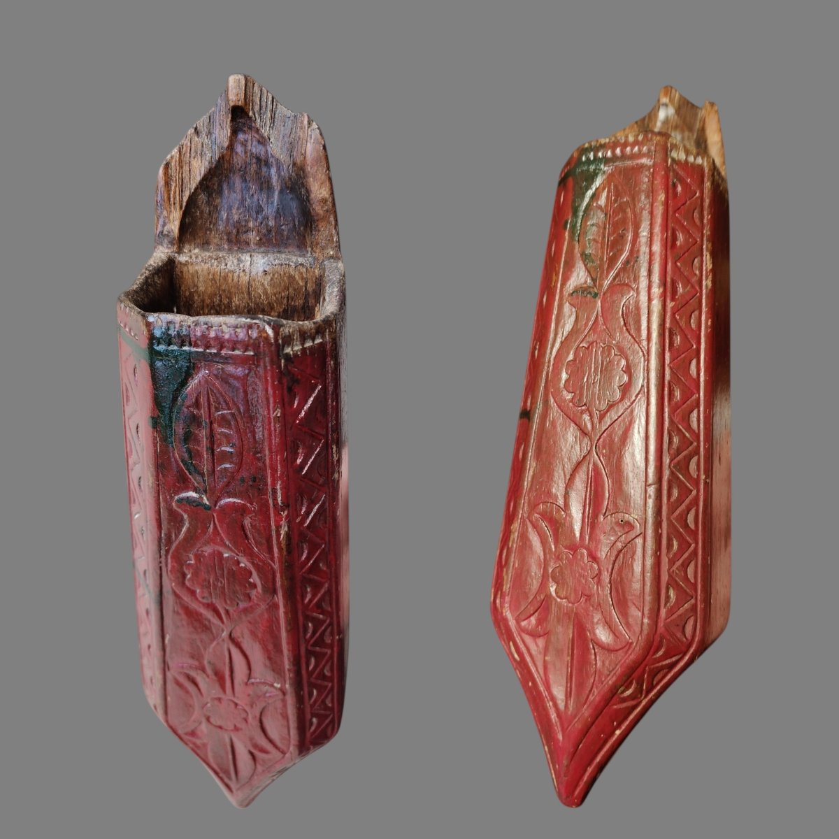 Carved And Painted Wooden Whetstone Holder From The Aosta Valley 