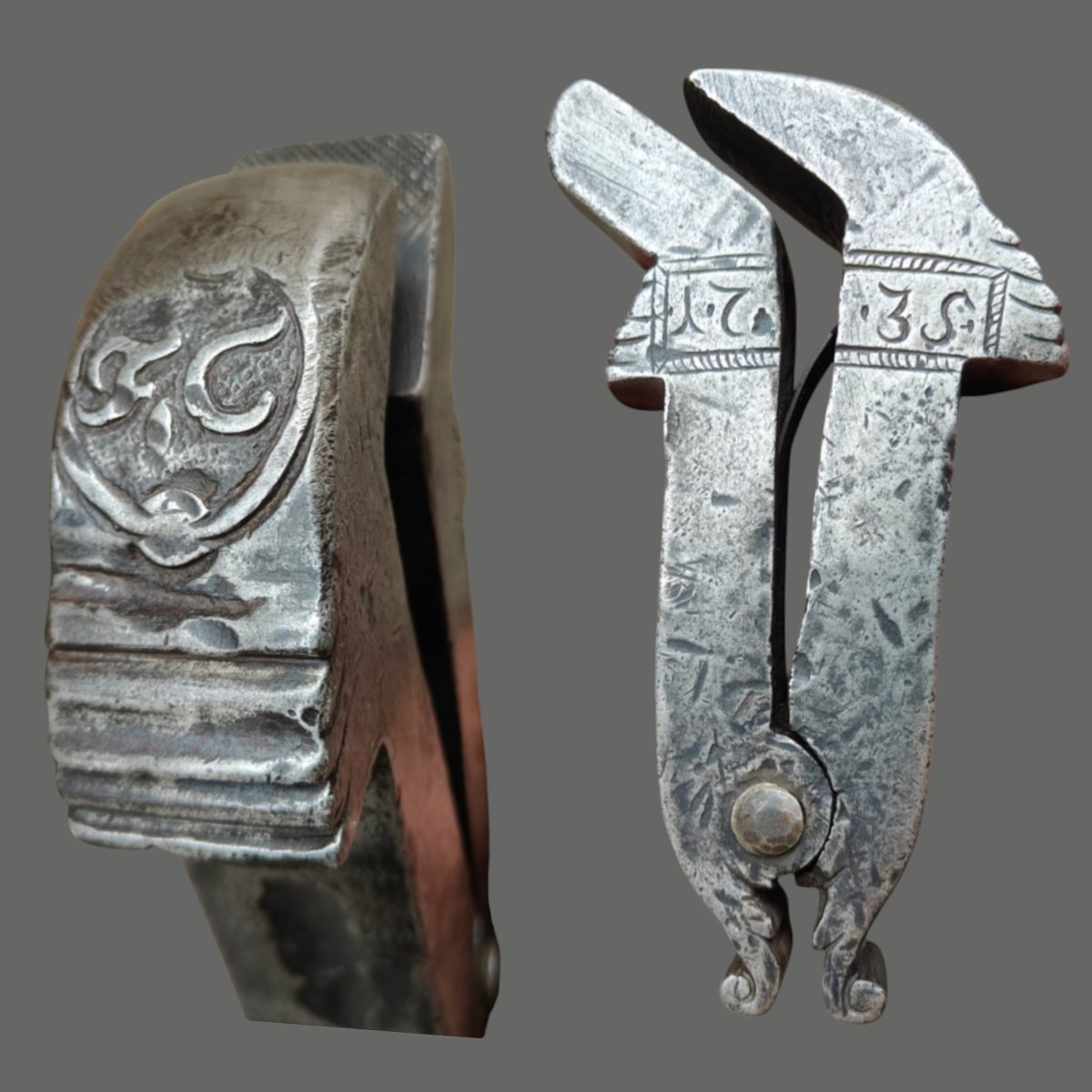 Etau  à chamfreiner en fer forgé et ciselé daté 1735
