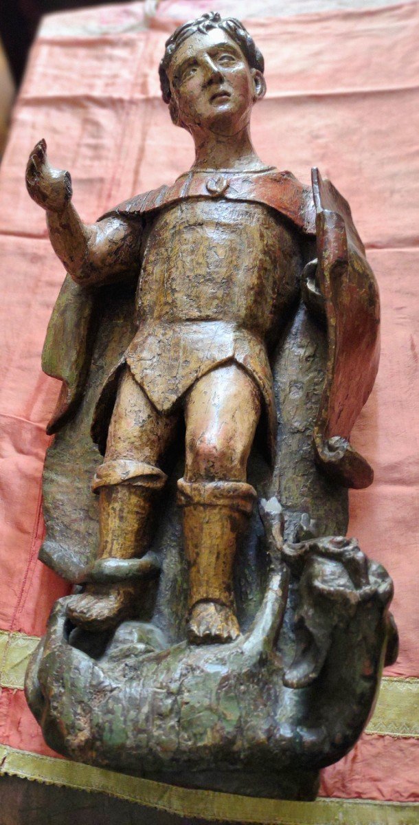 "st. George Slays The Dragon," 15th-century Polychrome Wooden Sculpture-photo-1