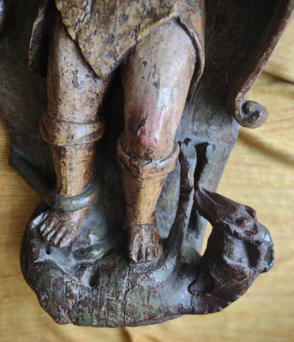 "st. George Slays The Dragon," 15th-century Polychrome Wooden Sculpture-photo-2