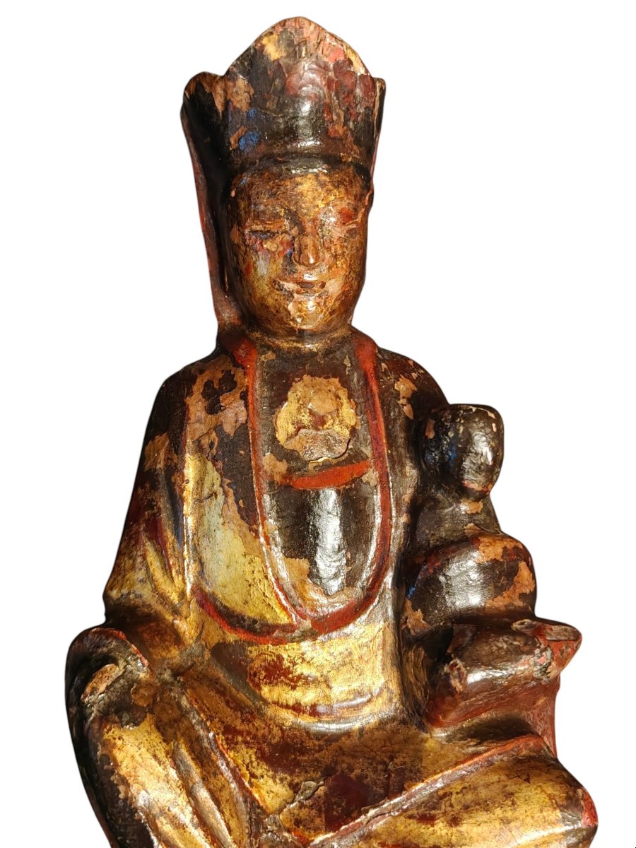 Bodhisattva En Bois Polychrome Dorée XVIIIe Siècle-photo-2