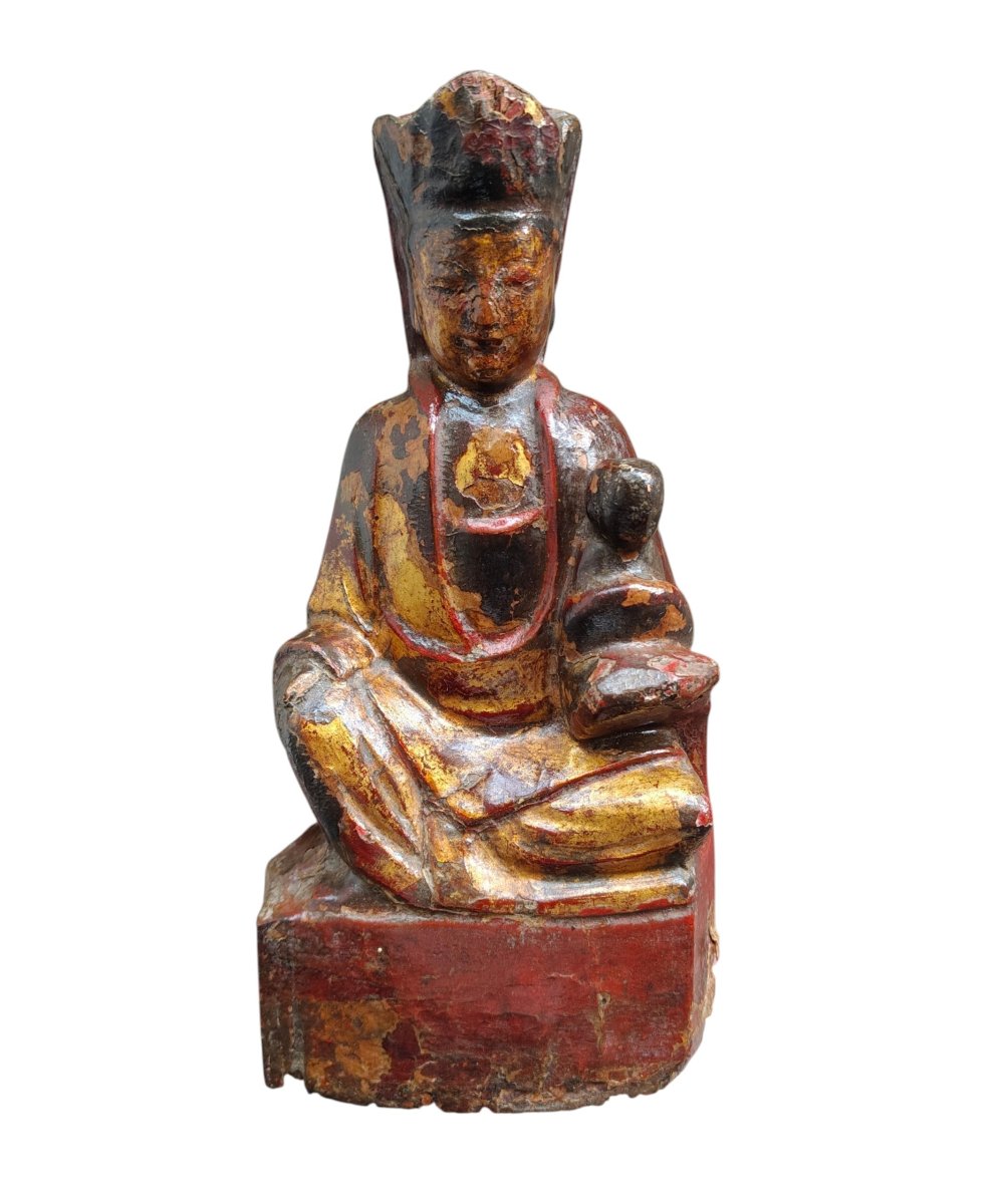Bodhisattva En Bois Polychrome Dorée XVIIIe Siècle-photo-3