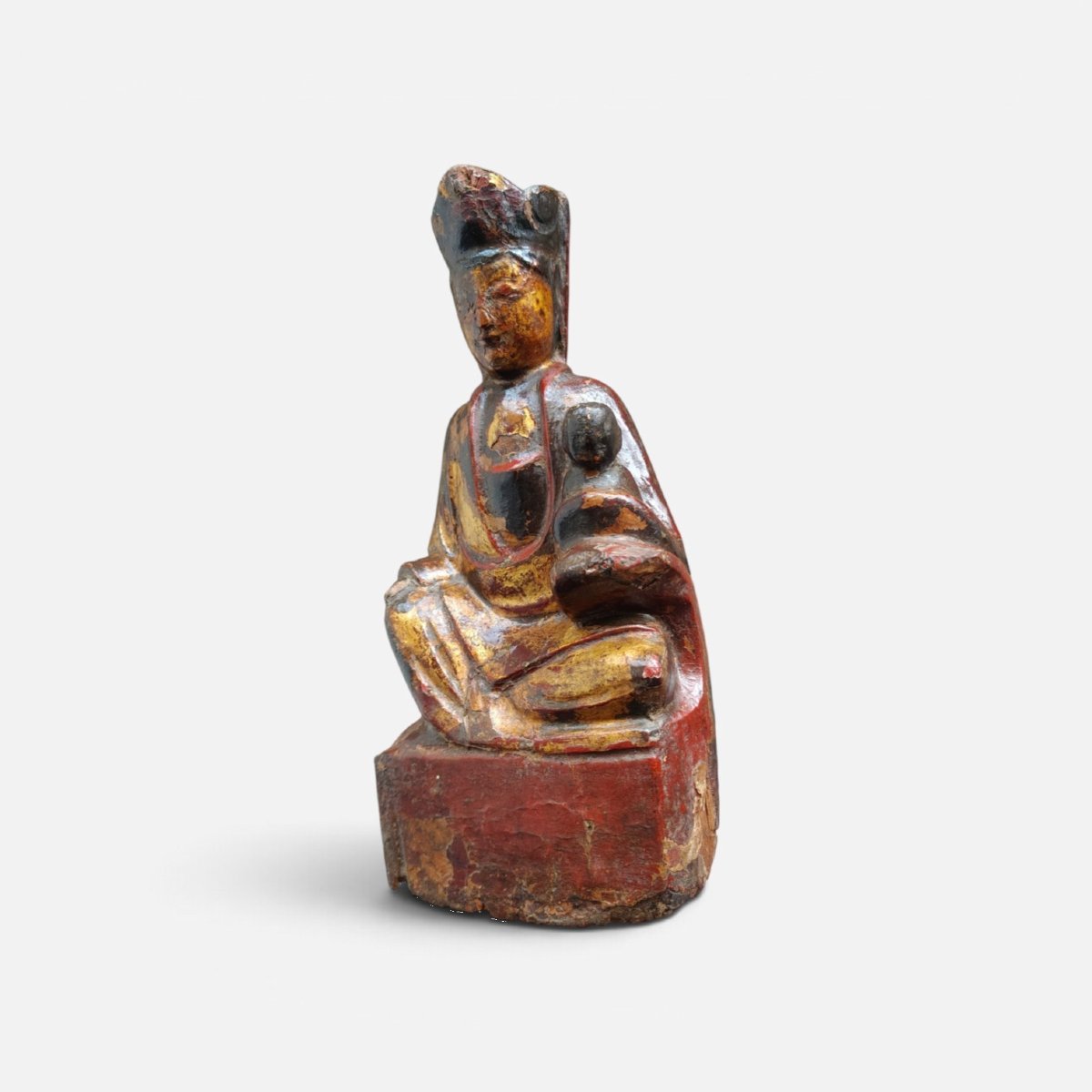 Bodhisattva En Bois Polychrome Dorée XVIIIe Siècle-photo-2