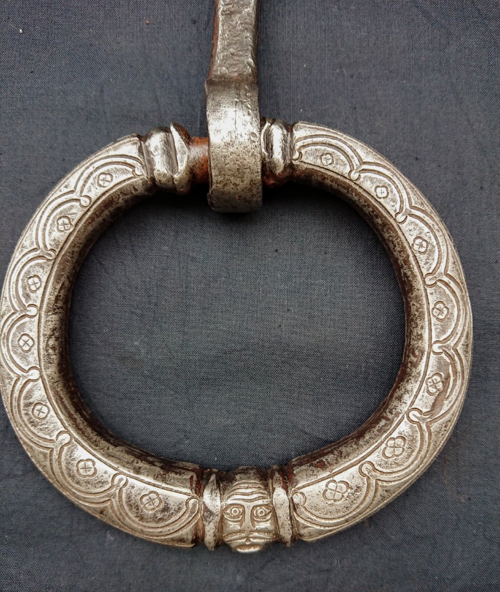 Anthropomorphic Wrought Iron Door Knocker, Engraved And Carved