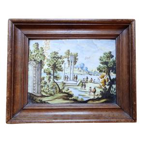 Plaque Castelli en faience rectangulaire à décor d'un paysage XVIIIe siècle