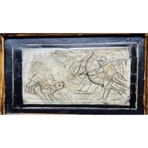 Plaque en os gravée d'une scène de chasse Italie du Sud XVIIe siècle