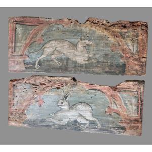 Paire de panneaux de plafond en bois peint Renaissance italienne 