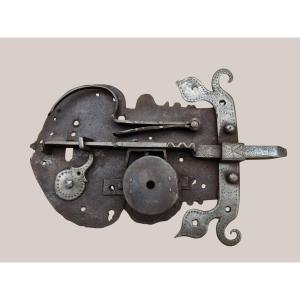 Large South Tyrol  Lock Made Of Wrought Iron And Engraved, First Half Of The 17th Century