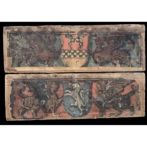 2 Panneaux En Bois Peints Sur Papier Renaissance Italienne