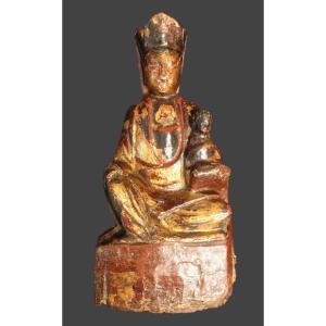 Bodhisattva En Bois Polychrome Dorée XVIIIe Siècle