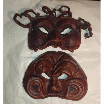 Deux Masques Vénitiens En Cuir XIXe Siècle
