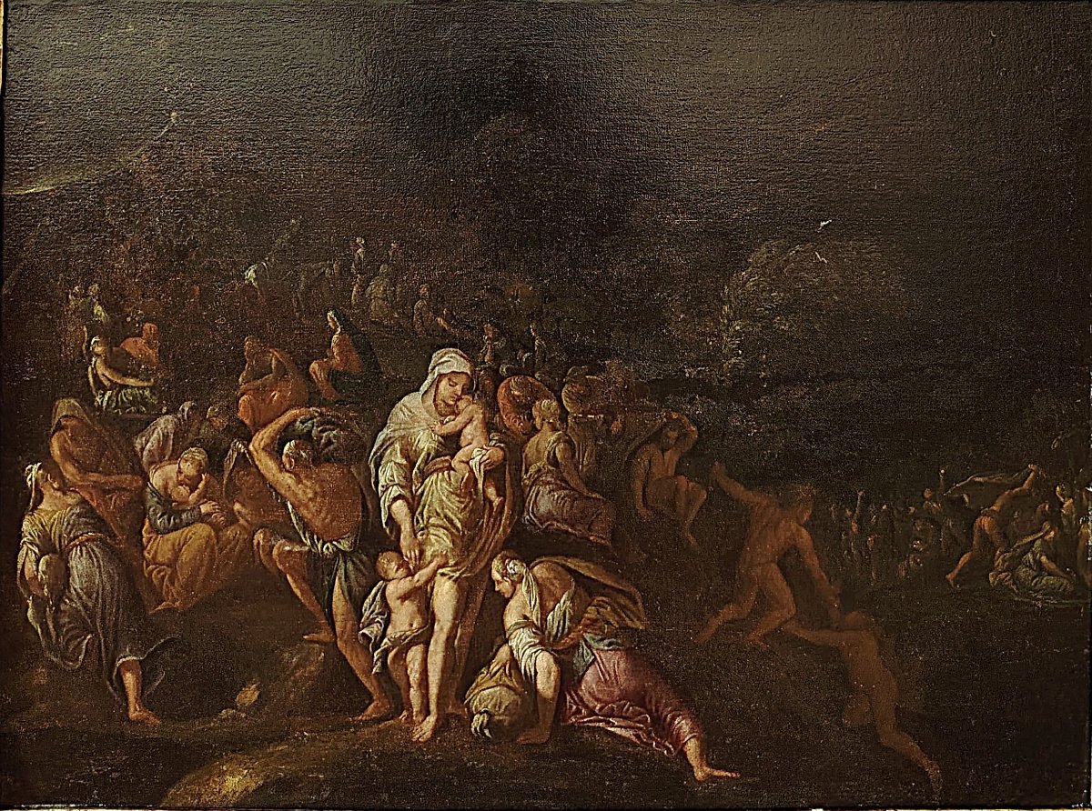 Peinture du XVIIe siècle - L'Exode dans le désert - Cercle de Giulio Carpioni-photo-2