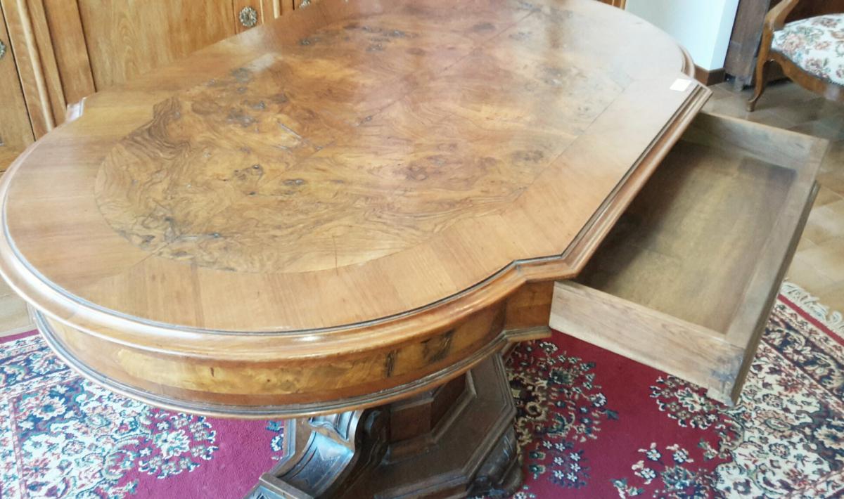 Italienne table basse Louis-Philippe en noyer et ronce de noyer avec tiroir-photo-4