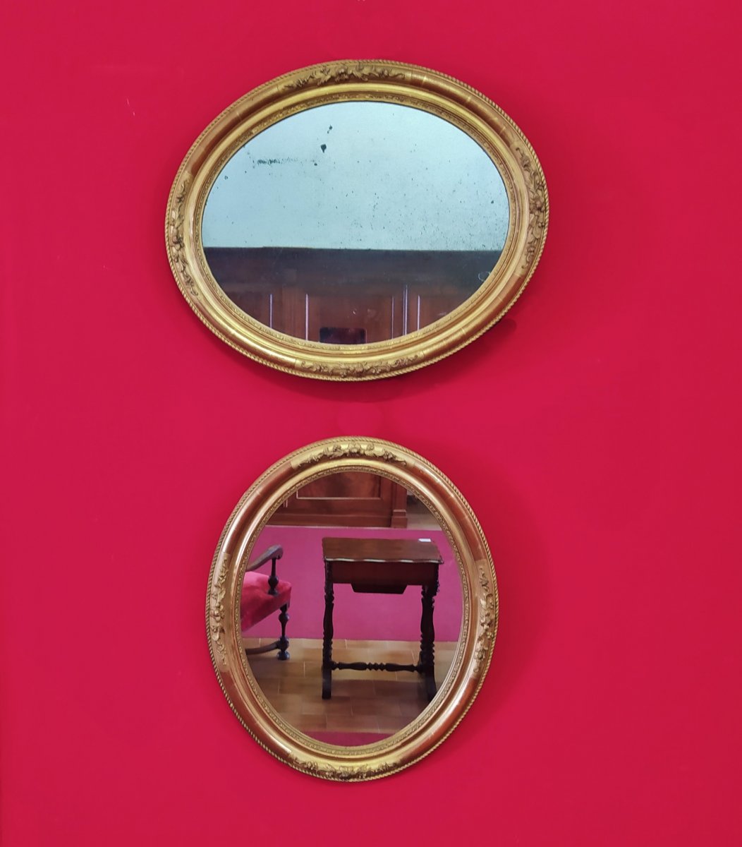 Pair Of Small Golden Oval Mirrors-photo-5
