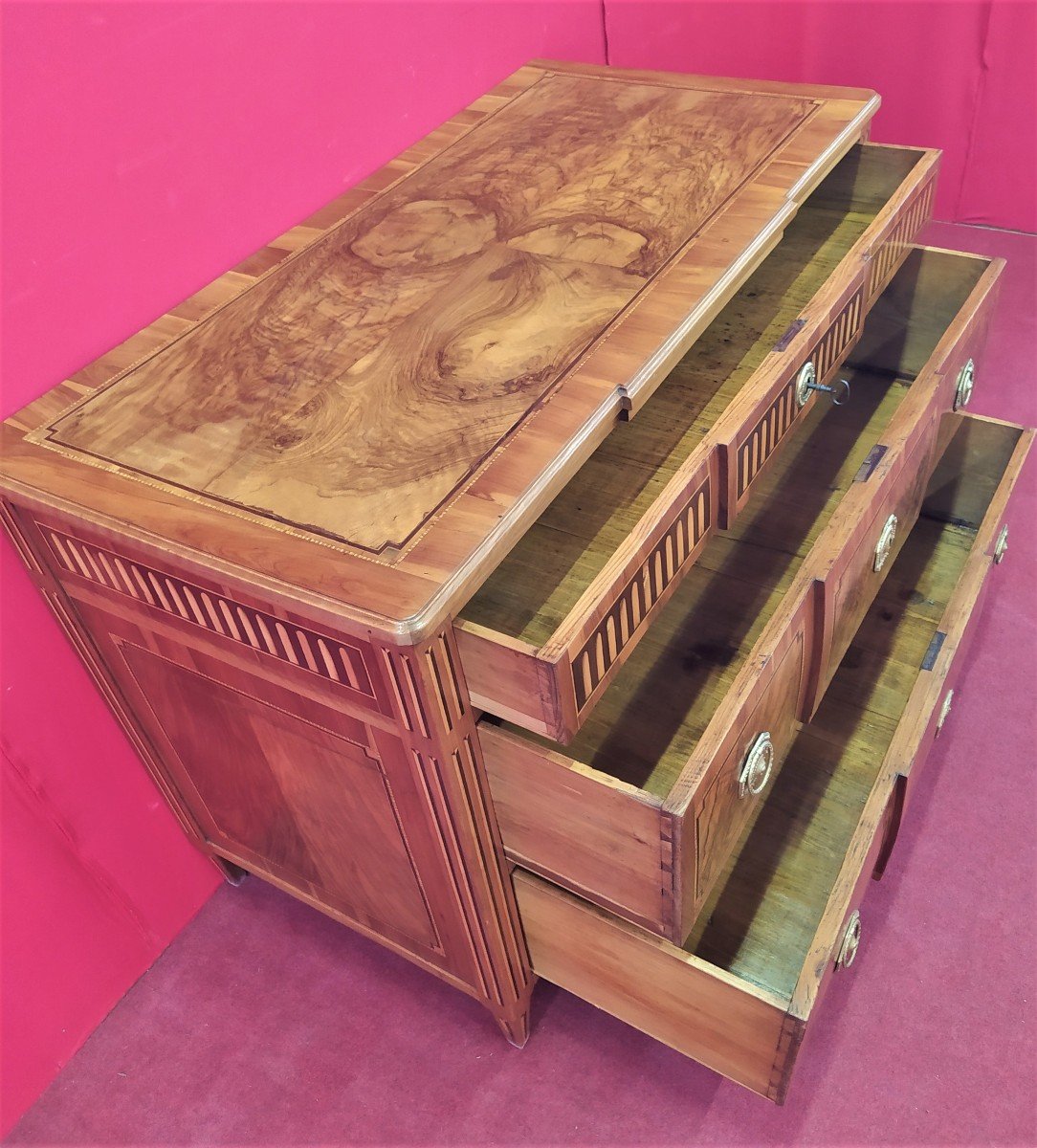 Chest Of Drawers With Three Drawers In Briar Walnut And Inlays-photo-3