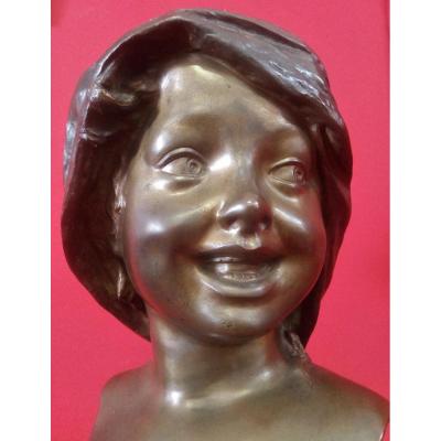 Smiling Girl's Face Bronze Signed